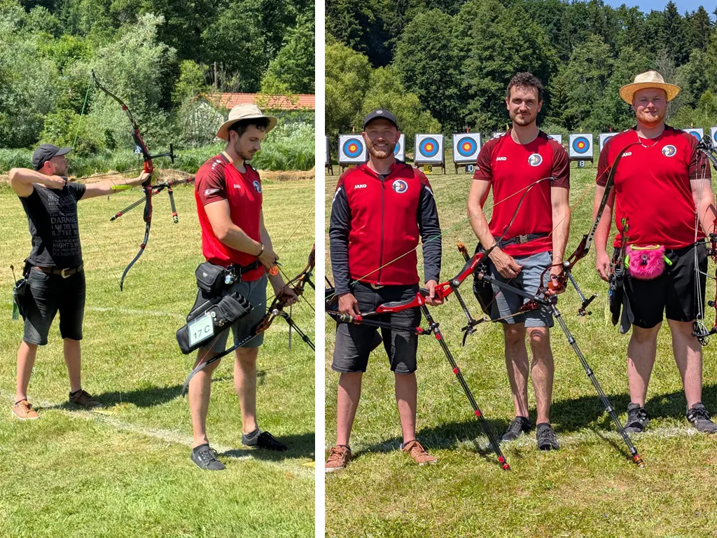 Bogenschützen auf der niederbayerischen Meisterschaft im Freien an der Schusslinie und als Gruppenbild