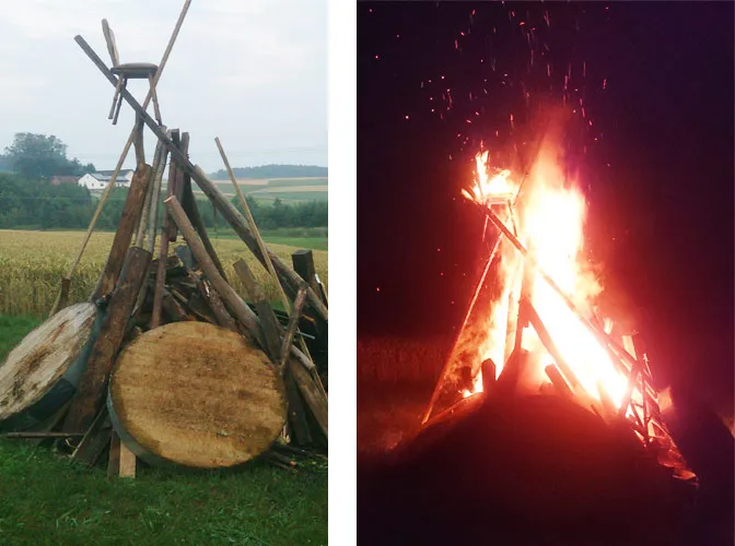 Errichteter Scheiterhaufen vor und nach dem Entzünden bei den Bogenschützen