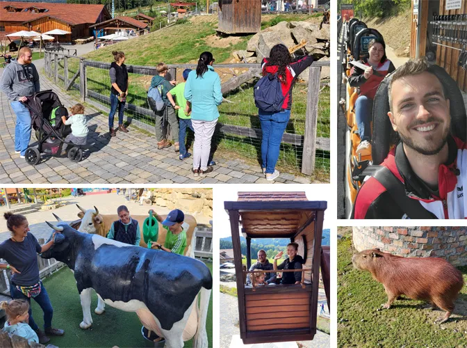 Collage mit Bildern vom Vereinsausflug des 1. BSC Rottal im Freizeitpark Edelwies